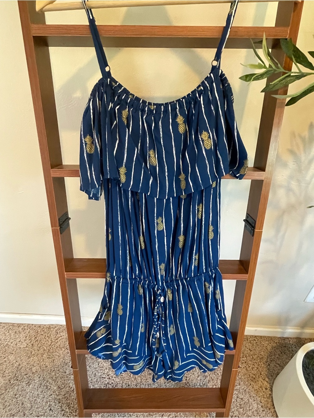 Women’s Navy Pineapple Print Off-Shoulder Romper